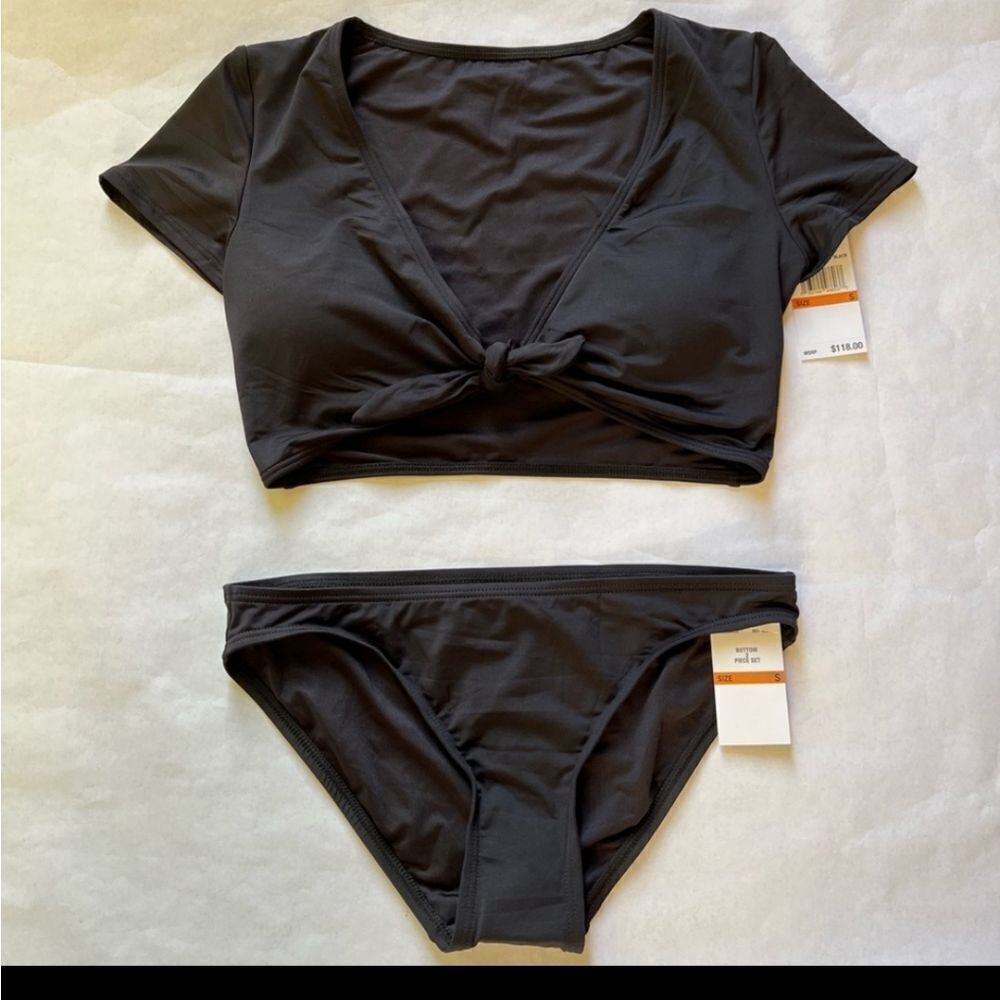 Michael Kors Black Tie Front Cap-Sleeve Bikini with Hipster bottoms size small